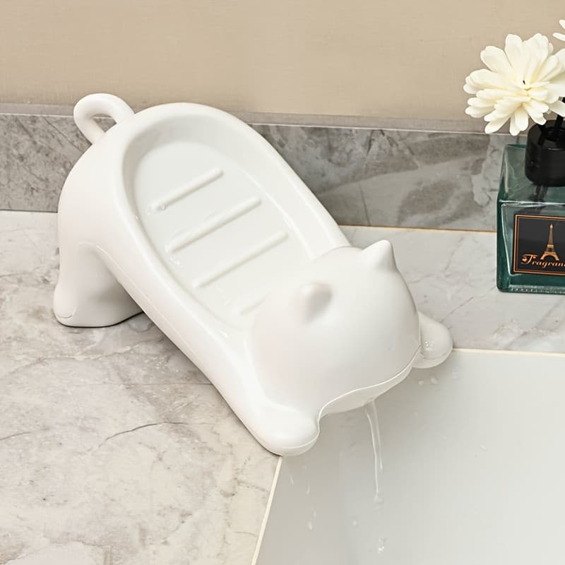 Top Rated Must Have Adorable Cat Soap Dish Non Accumulating Drainage Design Durable Plastic Bathroom Soap Holder with Ventilation Holes for Shower Bathtub Vanity Decor Effective Water Drainage Home Decor Styl